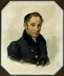Portrét básníka Vasilije Žukovského (1783-1852) (Vasily Žukovskij) - Dílo Petra Fjodoroviče Sokolova (1791-1848) akvarel na papíře (17x14 cm), cca 1820 - Pamětní muzeum A. Puškina, Petrohrad (Rusko)