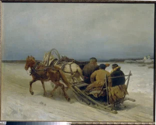Trojka v zimě. (Tradiční ruský závěs, tažený třemi koňmi). Obraz Pyotr (Piotr) Petrovič Sokolov (1821-1899), olej na plátně
