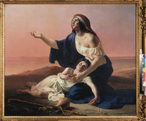 Hagar a Ismael v poušti. (Egyptský služebník Abrahamův s nemanželským dítětem proroka lovil na poušti, když dojde voda). Obraz Petra Stěpanoviče Petrovského (1814-1842), olej na plátně