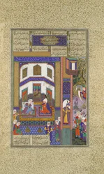 Mihrab ventiluje svůj hněv na Sindukht, Folio 83v z Shahnama Book of Kings..., c1525-30