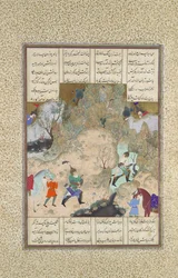 Poslední souboj věží: Gudarz Versus Piran, Folio 346r z Shahnamy..., cca 1525-30.