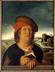 Předpokládaný portrét lékaře Paracelsa (1493-1541) (Paracelsus Aracelsus nebo Theophrastus Bombastus von Hohenheim). Malování. Kopie podle ztraceného originálu Metsys Quentin (1465/1466-1530). Rozměr: 0,72 x 0,54 cm. Musee du Louvre. - Předpokládaný portré