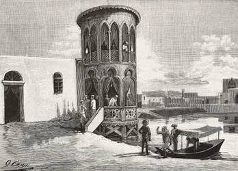 Malá maurská věž, v níž sídlí klub italských důstojníků, Massawa, Eritrea, rytina podle kresby Quinta Cenniho a skici Pieragostiniho, z L