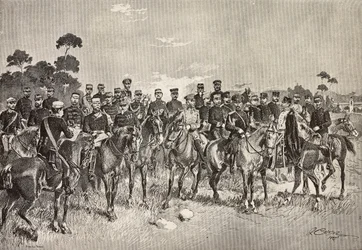 Zahraniční armádní důstojníci na návštěvě italských vojáků v Lombardii, Itálie, rytina z kresby Quinta Cenniho, z L