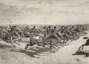 Koňské dělostřelectvo italské armády projíždějící plným cvalem, Lombardie, Itálie, rytina z kresby Quinto Cenni, z L