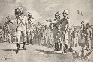 Italští a místní vojáci v uniformách italské armády v Africe, Massawa, Eritrea, rytina z kresby Quinto Cenni, z L