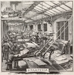 Tiskárna v nakladatelství Fratelli Treves, Milán, Itálie, rytina z kresby Quinto Cenni, z L