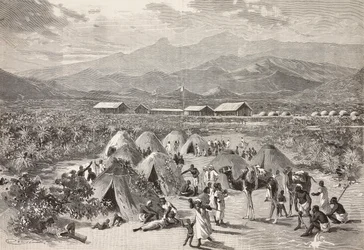 Stany uprchlického tábora Zula, Arafali, Eritrea, rytina od Cantagalliho z kresby Quinta Cenniho a skica od Pieragostiniho, z L