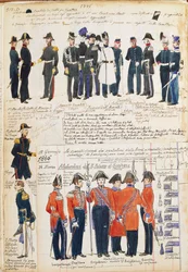 Uniformy piemontské armády z let 1845-1846. Barevná deska od Cenni Quinto