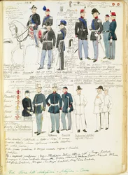 Uniformy piemontské armády z roku 1848. Barevný štítek Cenni Quinto