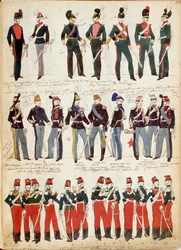 Různé italské uniformy běžně používané kolem roku 1860 od Quinta Cenniho, barevná tabule