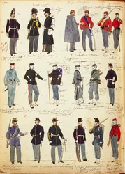 Různé italské uniformy běžně používané mezi lety 1859 a 1866 od Quinta Cenniho, barevná tabule