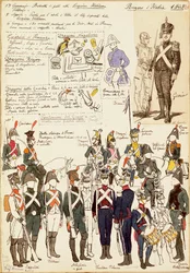 Různé uniformy Italského království z roku 1805. Barevný štítek Cenni Quinto