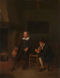 Interiér se dvěma muži u krbu