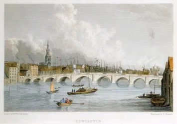 Kamenný klenutý most přes Tyne v Newcastle-upon-Tyne, Anglie, c1830.