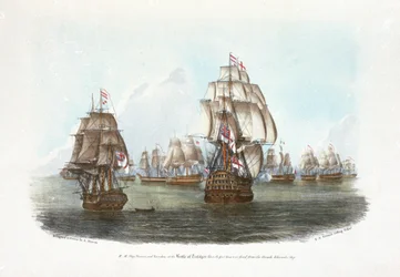 HMS "Victory" a "Euryalus" v bitvě u Trafalgaru, když z francouzské admirálské lodi vypálili první dělo (kolorovaná litografie)