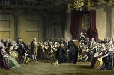 Benjamin Franklin (1706-1790), americký filozof, fyzik a státník před Lords of the Privy Council, Whitehall Chapel, Londýn