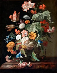 ""Příroda morte aux fleurs"" (Zátiší s květinami) Peinture de Rachel Ruysch (1664-1750) - Olej na plátně - Rozměr 70,5x58,5 cm Hallwylska Museet, Stockholm