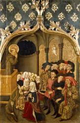 Vize při kázání, detail z levého panelu oltáře sv. Bernanda od Rafaela Tomáše (aktivní 1455-1479), predella od Joana Figuery (aktivní od 1454-zemřel 1477 nebo 1479), tempera na panelu, 398, 9x253 cm