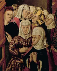 Kázání, detail z oltáře San Bernardino, od Joan Figuery a Tomáše Rafaela (činný v 2. polovině 16. století), tempera na desce, 399x253 cm. Detail.