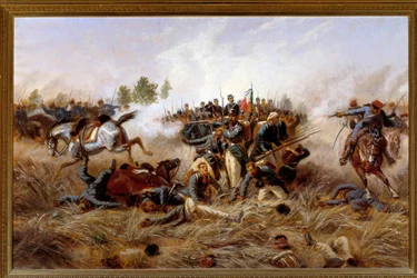 Risorgimento, rakousko-pruská válka (třetí italská válka za nezávislost): pohled na bitvu u Custozy (Custozza) 24. 6. 1866 - (Třetí italská válka za nezávislost, bitva u Custozy 24. června 1866) Obraz Raffaele Pont2remoli (18) -1905) 1897 Rozměr 136x8