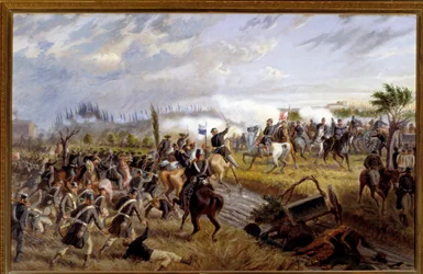 Risorgimento: “” Bitva o San Martino”” Epizoda bitvy u Solferina 24. června 1859 (Pohled na bitvu u San Martina 24. června 1859) Malba Raffaele Pontremoli (1832-1905) 1897 Dim 136x86 , Pinacoteca Civica