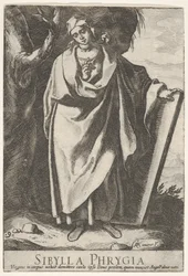 Talíř 9: Frygická Sibyla držící vrchní desku levou rukou a ukazující na..., 1609.