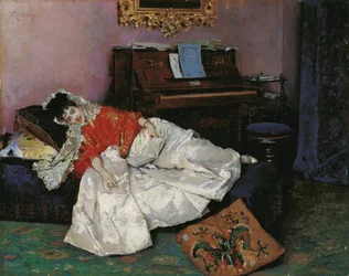 "Čtení"" Portrét Aline Massonové vetue a la japonaise (Japonisme) Malba Raimunda de Madrazo y Garreta (1841-1920) 1883-1885 Museo Carmen Thyssen, Malaga Španělsko