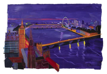 Westminster v noci, 2022 (akryl a koláž na papíře)