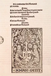 Strana kodexu "De Laudibus Beatissimae Virginis Mariae" od Ramona Llulla (1235-1315), zobrazující dva lvy držící erb tiskaře Jehana Petita