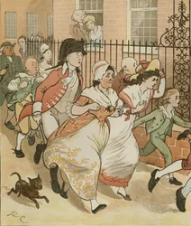 Elegie o smrti vzteklého psa od Olivera Goldsmitha. Sousedé spěchají pomoci dobrému muži z Islingtonu. Ilustrace Randolpha Caldecotta
