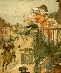 John Gilpin cválá kolem Bell Inn, zatímco jeho žena a děti mávají z balkónu, 1878, c1918.