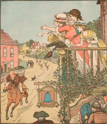 John Gilpin cválá kolem Bell Inn, zatímco jeho žena a děti mávají z balkónu, 1878, c1918.