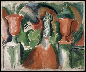 Socha se dvěma červenými vázami