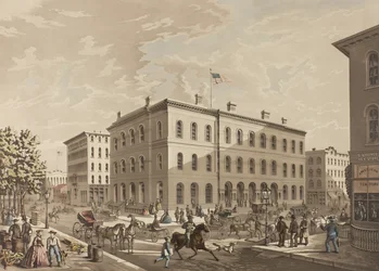 N.W. Roh ulic Dearborn a Monroe, Chicago, zobrazující budovu pošty v roce 1865