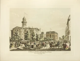 N. W. Corner of LaSalle a Randolph, Chicago, Showing Court House Square v roce 1864