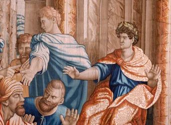 Vlámský gobelín. řada Skutky apoštolů. Elymas oslepl (La ceguera de Elymas). Sedmá tapisérie v sérii. Kreslený model od Rafaela Sanzia. 1519. Manufaktura Jan Raes II, Brusel. Přibližně 1605-1629. Tkanina Hedvábí a vlna. Rozměr 534 x 783 cm. Lokat