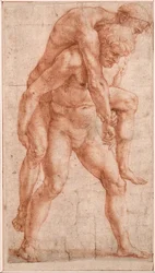 Nuori mies kantaa vanhaa miestä selässään (Aeneas ja Anchises), n. 1514 (sangviini paperilla)