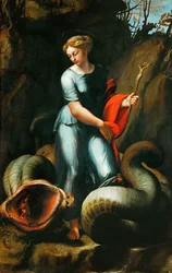 Markéta Antiochijská Pisidská (nebo Saint Marine, Marina) (zemřela kolem roku 305) - Svatá Markéta - Rafael (Raffaello Sanzio da Urbino) (1483-1520). Olej na dřevě, cca 1518. Rozměr: 191,3x123 cm. Uměleckohistorické muzeum, Vídeň