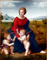 Panna v prérii neboli Madona Belvederská, 1506, Sun. 113 X 88 cm, Uměleckohistorické muzeum ve Vídni
