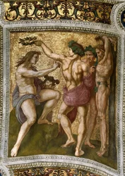 Marsyas a Apollo. Stropní freska ve Stanza della Segnatura, cca 1510-1511.