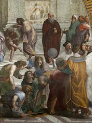 Škola v Aténách. Detail. Freska ve Stanza della Segnatura, cca 1510-1511.