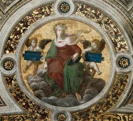 Teologie. Stropní freska ve Stanza della Segnatura, cca 1510-1511.