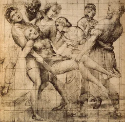 Přípravná kresba pro Převoz mrtvého Krista, známá také jako pala Baglioni; dílo Raphaela. Gabinetto dei disegni e delle stampe, Uffizi, Florencie