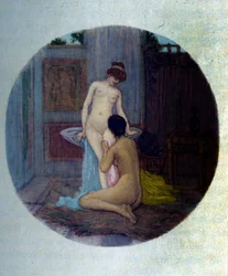 Dámská toaleta v řecké antice. Ilustrace převzatá z „Aphrodite““ od Pierra Louyse, od Raphaela Colina