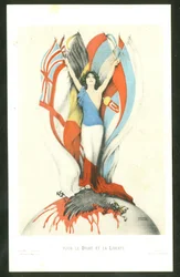 Pohlednice, barevná satirická: Za právo a svobodu - Válka 14-18, Spojenci, Vlajky - Ilustrace orla Kirchner (1876-1917)