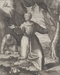 Svatý František klečící s rozpaženýma rukama, hledící na cherubína vlevo nahoře,..., 1599.