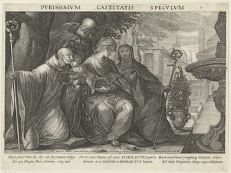 Svatá rodina se svatým Benediktem a svatou Scholastikou Zrcadlo cudnosti Pvrissimvm Castitatis Specvlvm (název na objektu) Zrcadla poslušnosti, cudnosti a chudoby (název série)