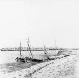 Lodě v přístavu Bordeaux, kolem roku 1900 (tužka a uhel na papíře)