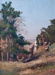Pokácené stromy, v pozadí, estauire de la Gironde (olej na dřevě)